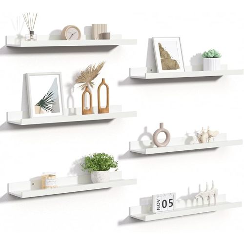 upsimples Floating Shelves for Wall, 23.6 Inch Shelves for Decor Storage Set of 6, Wall Mounted Wood Shelf for Bedroom, Living Room, Bathroom, Kitchen, Long Picture Ledge Shelves, White