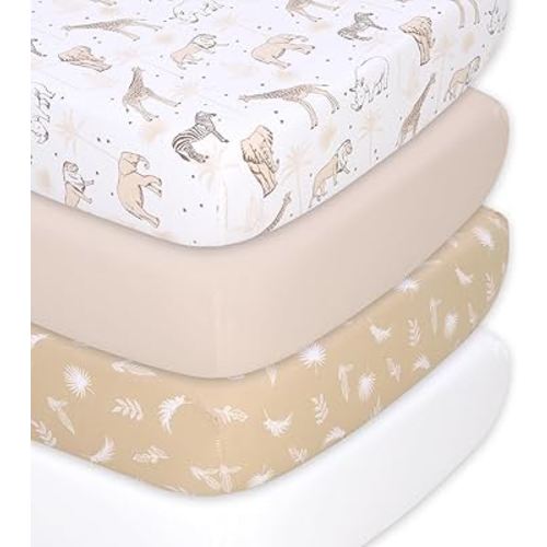 The Peanutshell Organic Crib Sheets for Boys or Girls, Breathable Super Soft 100% Jersey Cotton, Safari Nursery Decor, Gender Neutral Baby Bedding, 4 Pack Set for 28x52 Mattress, Brown Beige White