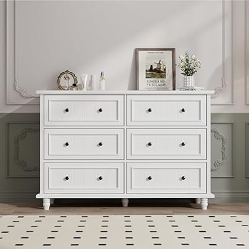 Scurrty 6 Drawer Dresser, Antique Chest of Drawers,Large Cabinet with Storage, Big Dresser for Clothes in Living Room, Bedroom (White)