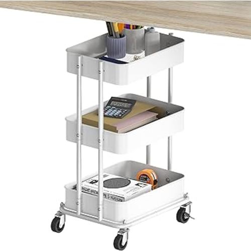 Simple Houseware 3-Tier Compact Utility Rolling Cart, Low 24” Height Fits Under Desk, Space-Saving Storage for Home Office, Dining Room, or Kitchen, White