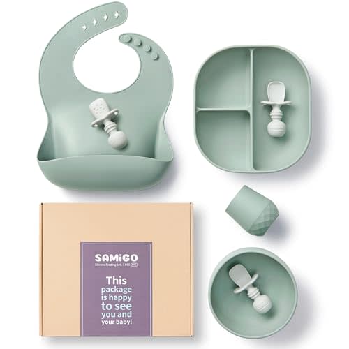 SAMiGO Silicone Baby Feeding Set, Suction Plate Bowl Set, Self Feeding Spoons, Bib, Cup, Baby Led Weaning Supplies, First Stage Feeding Essentials, Food Eating Utensils, 6+ Months