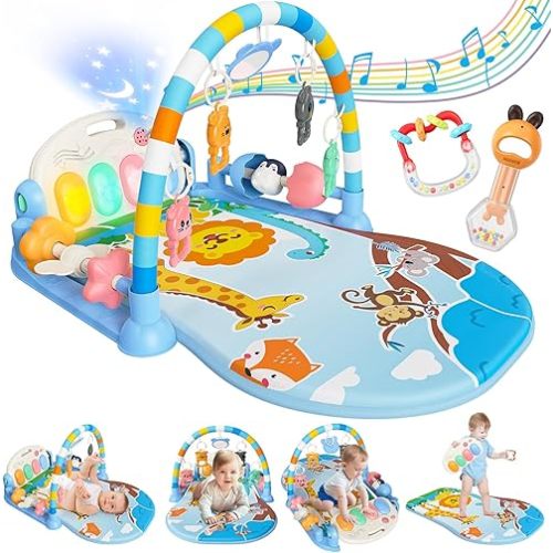 Baby Play Mat with Kick and Play Piano Gym, Funny Tummy Time Mat with Music and Lights, Baby Gyms & Playmats with 5 Infant Sensory Toys, Newborn Boy & Girl Gifts for 0 to 3 6 9 12 Months (Blue)