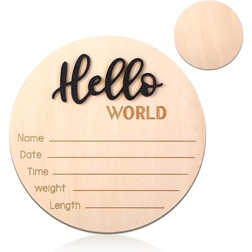 Wooden Baby Announcement Sign, 5.9 Inch Hello World Newborn Sign, Hospital Birth Stat Plaque, Hospitals, Homes, Nurseries, Suitable for Newborn Boys and Girls, Birth Souvenir (Black)