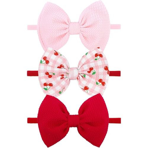 3 Pcs Baby Girl Headbands 4.5’’ Pink Bows Cherry Hair Accessories Summer Outfits for Newborn Infant Toddler Girls Clothes