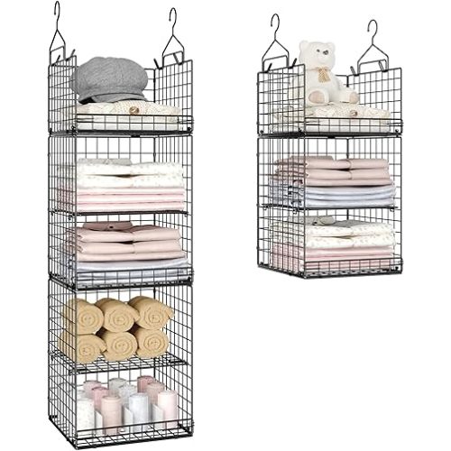 5 Tier Closet Hanging Organizer and Storage Separable Hanging Closet Shelves with 4 Hanging Hooks 2 Adjustable Dividers, Wire Storage Basket Bins for Clothing Sweaters Socks Dolls Handbags, Foldable