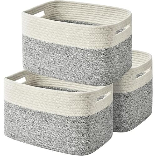 Woven Storage Baskets - Cotton Rope Organizers for Books, Towels, Toys or Bins - 3 Pack, Grey