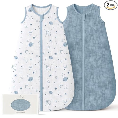 Konssy Muslin Baby Sleep Sack 6-12 Months, 0.8 TOG Baby Wearable Blanket | 2 Pack, Two-Way Zipper, 100% Cotton, Soft & Breathable Sleeping Sack, Infants and Toddlers Nursery Essentials (Star,Blue)