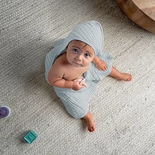Comfy Cubs 2 Pack Baby Hooded 9 Layer Muslin Cotton Towel for Kids, Large 32” x 32”, Ultra Soft, Warm, and Absorbent. Baby Essentials Bath Towels, Cute Unisex for Girls and Boys (2 Pack, Slate Grey)