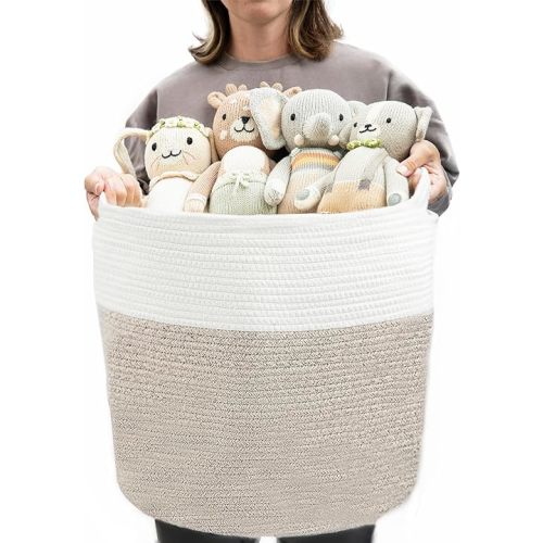 Large Cotton Woven Storage Basket - 15.8"X15x8"x13" XXL Size - Decorative Rope Basket for Nursery, Bedroom, Toys, Clothes - Soft and Durable Organizer Bin with Handles -Baby Essentials, Kids Room