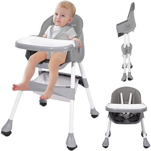 Baby High Chair, 6 in 1 Convertible High Chairs for Babies and Toddlers, Toddler Feeding Chair with Double Removable Tray, Adjustable Footrest & Machine Washable Cushion（Light Gray）