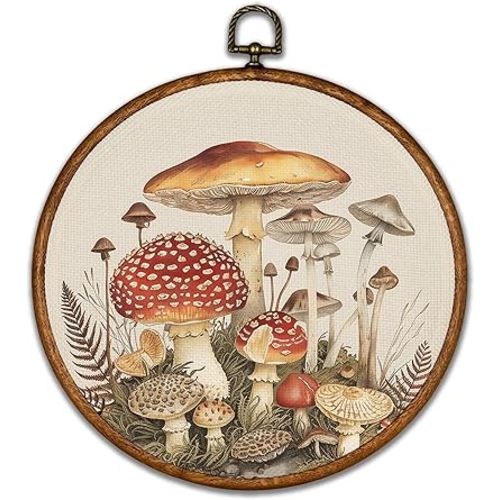 BCUANGD Vintage Mushroom Round Wall Art Decor - Retro Boho Botanical Wall Art Canvas Frame Artwork Prints, Neutral Cottagecore Round Wall Hanging Decorations for Home Kitchen Farmhouse, 10"x10"