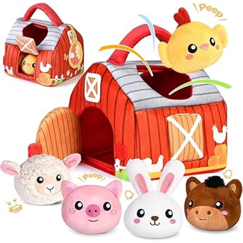 KMUYSL Baby Toys 0-6 6-12 Months, Plush Big Red Barn with Farm Animals, Soft Sensory Toys with Crinkle, Rattles for 0-3-6-9-12 Month Newborn Infant, Christmas Easter Birthday Gifts for Baby Boys Girls