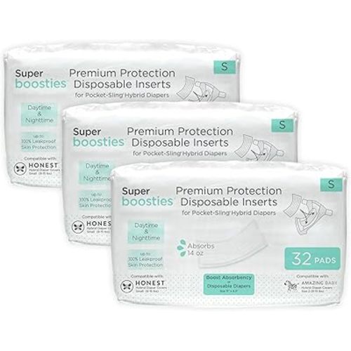 Overnight Diaper Leak Stopper, Super Boosties Disposable Inserts, Use with Pampers Sizes 2-6, Honest Hybrid Diaper Cover Sz Small, Amazing Baby Cover Sz 2, Pocket-Sling Compatible, 4.3x11 in, 96 count