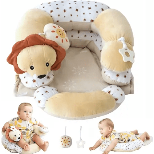2 in 1 Tummy Time Mat and Seated Support Pillows - Newborns and Older Babies, Detachable Support Pillow and Two Toys, for Development of Strong Head and Neck (Sand)