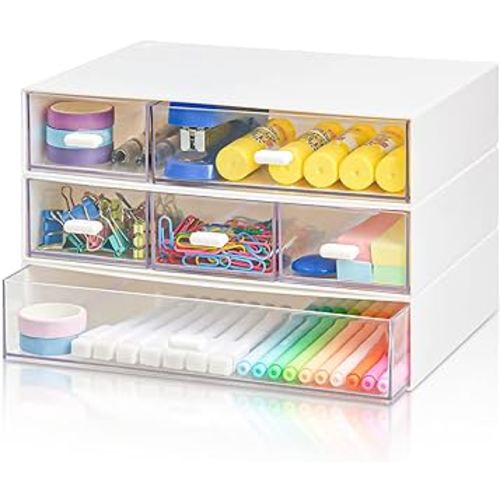 Desk Organizer With Drawer, Desktop Storage Box with 6 Drawers, Snap-on Overlay Acrylic Stationery Storage Box, Office School Home Desktop Storage Box