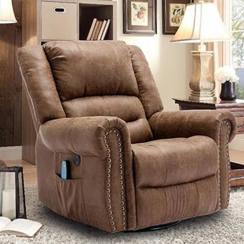 Manual 360 Degree Swivel Glider Rocker Recliner Chair with Massage and Heat, USB Ports and 2 Side Pockets, Bronze Suede Like Fabric, Brown