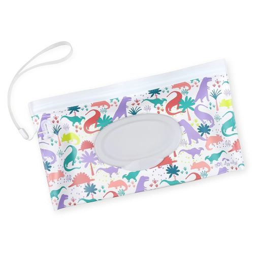Itzy Ritzy Travel Wipes Case - Reusable Wipe Pouch – Take & Travel Pouch Holds Up to 30 Wet Wipes, Includes Silicone Wristlet Strap, Darling Dinosaurs