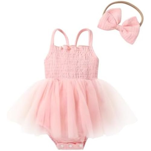Infant Baby Girl Summer Romper Dress Sleeveless Strap Mesh Tutu Skirt Backless Bodysuit with Headband