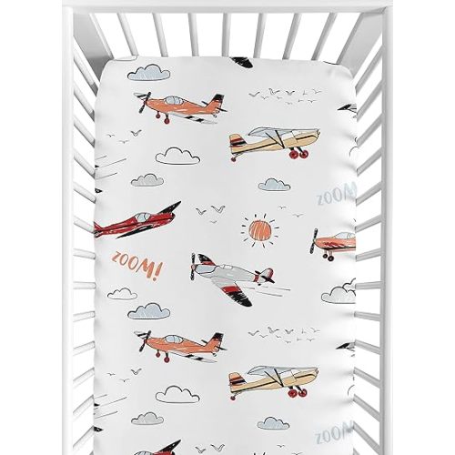 Sweet Jojo Designs Vintage Airplane Boy Fitted Crib Sheet Baby or Toddler Bed Nursery - Grey Yellow Orange Red White and Blue Airplanes Air Plane Transportation Clouds Sun Sky Aviator Aviation