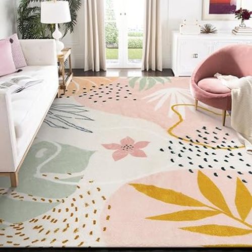 Lahome Pink 10x14 Area Rugs, Washable Ultra-Thin Large Rug for Living Room, Non Slip Throw Rug for Dining Room, Soft Botanical Print Indoor Rug for Bedroom Office Guest Room (Pink, 10'x14')
