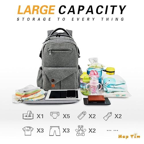 Hap Tim Multi-function Large Baby Diaper Bag Backpack with Stroller Straps, Insulated Bottle Pockets, Changing Pad (Dark Gray-5284)