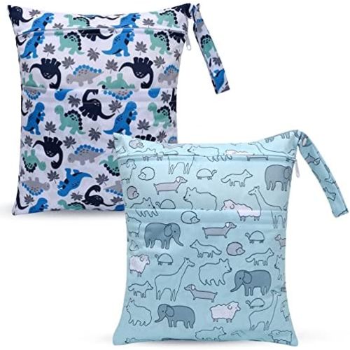 2pcs Cloth Diaper Wet Dry Bags Waterproof Reusable with Two Zippered Pockets Travel Beach Pool Daycare Soiled Baby Items Yoga Gym Bag for Swimsuits or Wet Clothes-Cute Animal,Dinosaur
