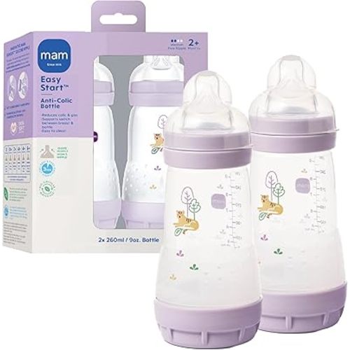 MAM Easy Start Anti-Colic Baby Bottle 9 oz, Medium Flow, Breastfeeding-Like Silicone Nipple Bottle, Reduces Colic, Gas, & Reflux, Easy-to-Clean, BPA-Free, Vented Baby Bottles for Newborns, 2+ Months