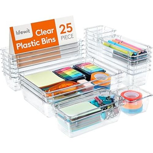 Lifewit Drawer Organizer 25PCS, 4 Sizes Clear Plastic Desk Drawer Dividers, Storage Separation Bins for Make Up, Kitchen Utensils, Vanity Accessories in Office/Bathroom/Bedroom Organization