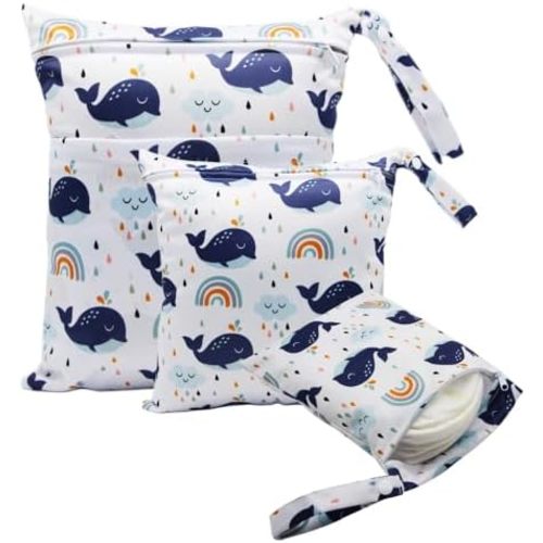 3pcs Cloth Diaper Wet Dry Bags Waterproof Reusable with Two Zippered Pockets Travel Beach Pool Daycare Soiled Baby Items Yoga Gym Bag for Swimsuits or Wet Clothes