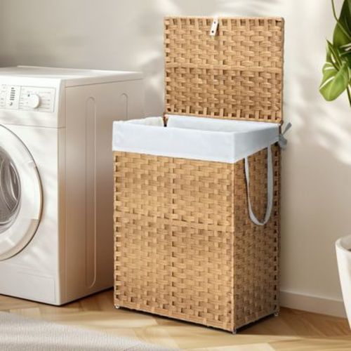 Bestier Laundry Basket with Lid, 90L/110 L Hand-Woven Rattan Laundry Hamper with Compartments & Handles, Foldable, Removable Liner