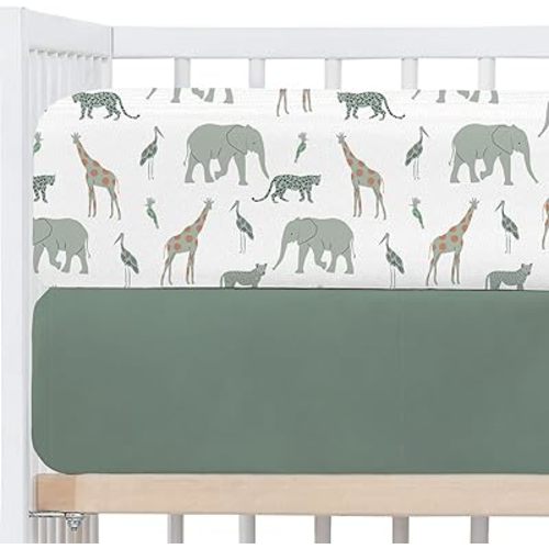 Little Grape Land Crib Sheets Fitted for Boys Girls,2 Pack Set for Standard Crib Mattress and Toddler Bed Mattress,52"x28" Soft Breathable Microfiber Crib Mattress Cover with Cute Patterns(Safari)
