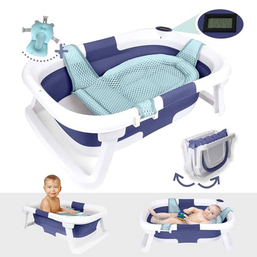 BEBELEH™ Collapsible Baby Bathtub with Thermometer – Bathtub + Baby tub Sling + Newborn Sling – Baby Bathtub Newborn to Toddler 0-24 Months – The Ultimate Baby Bath tub! (with Thermometer,Blue)