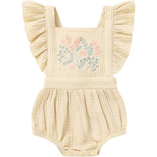 YOUNGER TREE Toddler Baby Girl Ruffled Sleeveless Romper Casual Summer Jumpsuit Cotton Linen Clothes - Embroidery-apricot - 0-3 Months