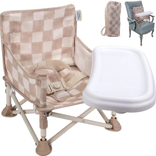 Tiny Marvels 3-in-1 Portable Baby Chair, Foldable Booster Seat with Removable Tray, Safety Harness & Carry Bag for Dining, Travel, Camping, Beach, 6M-3Y (Sand Checker)