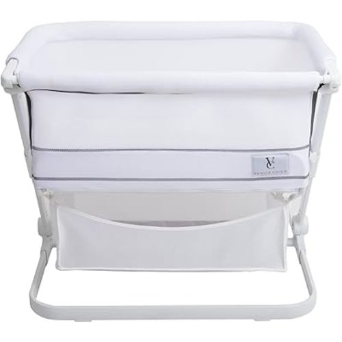 Venice Child White Portable Breathable Mesh Baby Bassinet & Bedside Sleeper on Wheels with Cotton Mattress for Home or Travel - Easy Fold and Height Adjustable Sunset Dreaming White