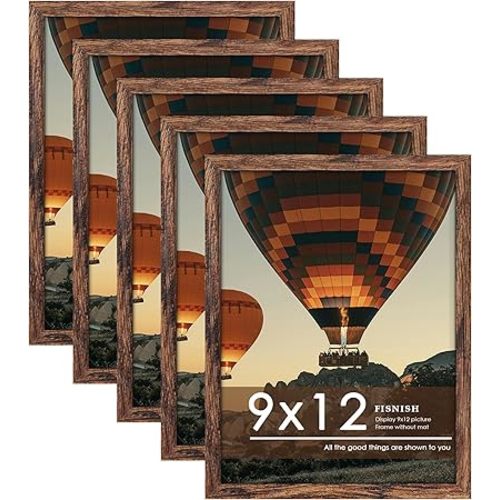 9x12 Picture Frame 5 Pack, Classic Brown Poster Frame for Horizontal or Vertical Wall Mounting