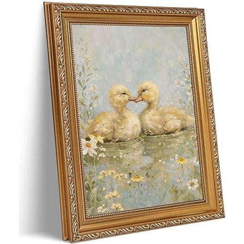 Adorable Duckling Canvas Wall Art Framed Vintage Yellow Duck Cute Pond Decor Picture Adorable Balcony Bedroom Living Poster Prints for Corridor Classroom Bedroom Kitchen Kids Room Decoration