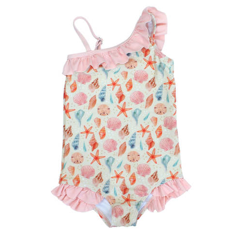 Sandy Seashells Ruffle Leg One Piece Girls Swimsuit