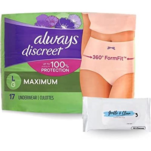 Discreet Incontinence Underwear for Women Large Bundle | Includes 1, 17 Count Pack of Discreet Incontinence Postpartum Underwear Large, Maximum Absorbency, Disposable | Plus Travel Wet Wipes!