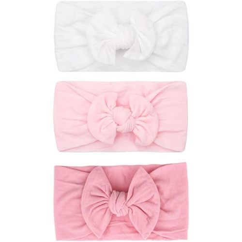 JOYOYO 3 Colors Soft Wide Turban Baby Headbands with 4.5 inches Hair Bow Headbands for Baby Girls Infants Newborn Hair Accessories Toddlers Kids and Children(White Pink Pink)
