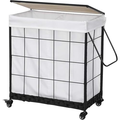 Durable Laundry Hamper with Removable Liner Bag, Heavy Duty Wheels, Wood Lid and Metal Handle - Clothes Sorter and Laundry Basket in White