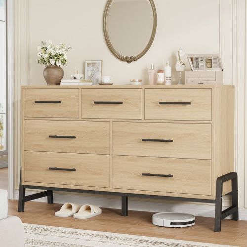7 Dresser for Bedroom, 52" Wide Dresser, Wide Drawer with Storage Freestanding, Wooden Closet Storage Chest for Living Room, Bedroom, Natural + Black