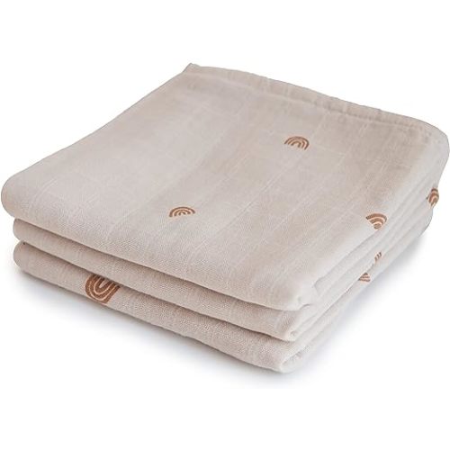 mushie Muslin Baby Cloths | 100% Organic Cotton | 23.5" x 23.5" (Rainbows) 3-Pack