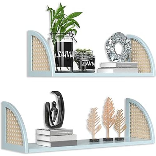 Floating Shelves for Wall,Rattan Wall Mounted Shelves for Wall Decor,Sturdy Wood Bathroom Shelves for Kitchen,Bedroom,Living Room,24.8 * 7.68 inch,Set of 2,Blue