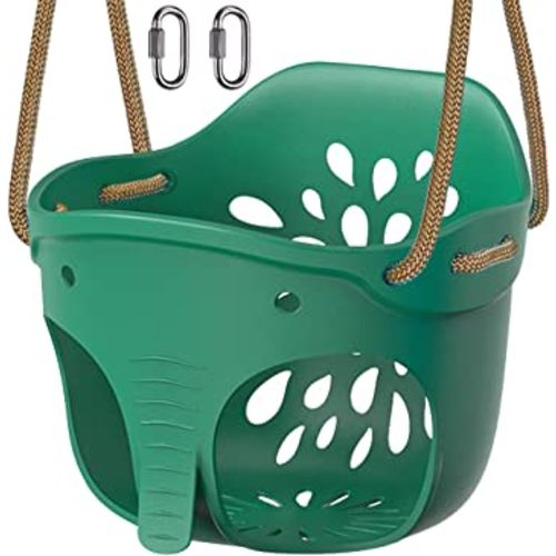 Dolibest Heavy Duty High Back Full Bucket Toddler Swing Seat with Locking Carabiners and Adjustable Rope, Cute Elephant Shape Design, 600LB Weight Limit (Bucket Swing, Green)