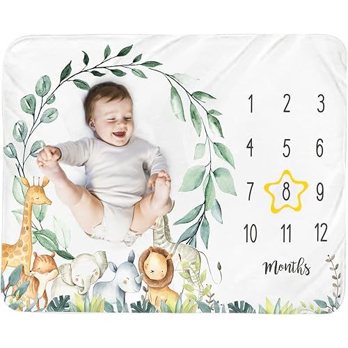 Baby Monthly Milestone Blanket Boy - Jungle Animals Newborn Month Blanket Neutral Safari Personalized Shower Gift Eucalyptus Leaf Wreath Nursery Decor Photography Background Prop with Frame 51''x40''