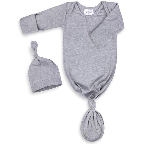 Newborn Knotted Baby Gown 0-6 Months, Super Soft Breathable Nightgowns for Babies Girl and Boy, Baby Girls Coming Home Hospital Outfit with Hat Set Grey