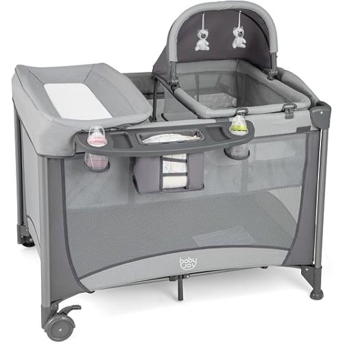 BABY JOY 4 in 1 Pack and Play, Portable Baby Playard with Bassinet & Diaper Changing Table, Infant Bassinet Baby Crib Activity Center with Toys & Oxford Bag from Newborn to Toddlers (Grey, Classic)