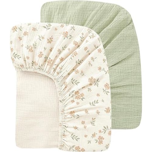 Organic Baby Crib Sheets 52x28 Inches 2 Pack 100% Muslin Cotton Soft Boho Toddler Fitted Crib Bed Mattress Sheet for Baby Girls Fits Standard Size Crib Mattress 28x52 Inches Blossom & Grass Green