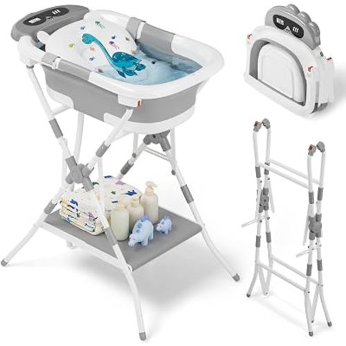 2-in-1 Baby Bath with Stand, Foldable Dinosaur Bathtub for Infant to Toddler, Portable Travel Tub with Soft Cushion for 0-18 Months, Gray